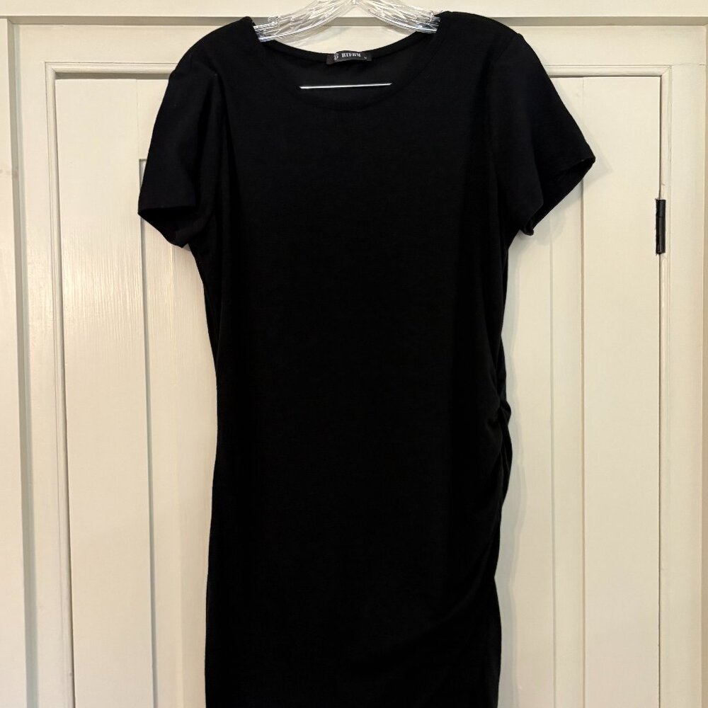 Short Sleeved, Side Ruched Black Dress, Black, Medium